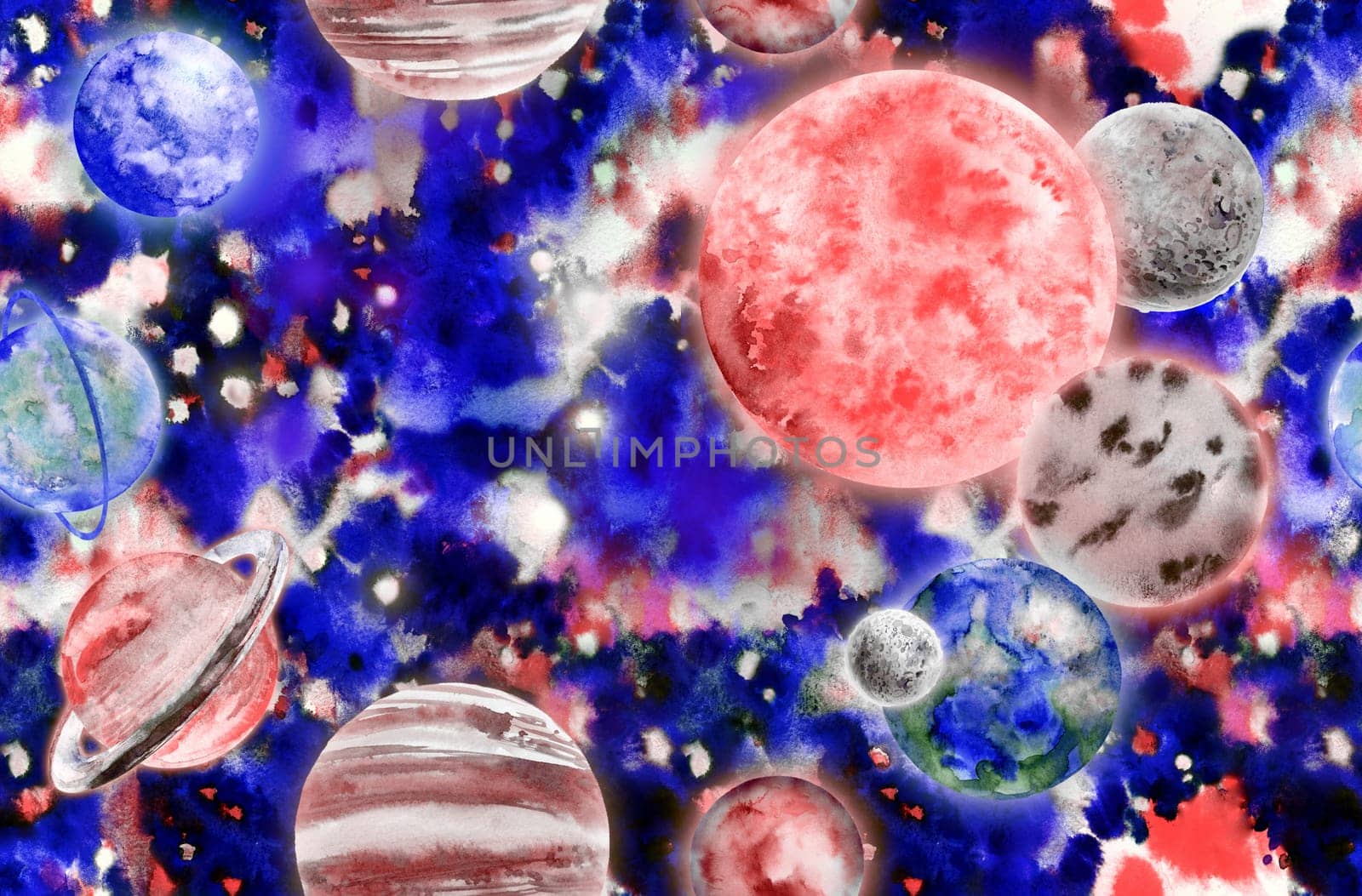 seamless pattern with Realistic solar system in watercolor against a bright starry sky background for textile and surface design