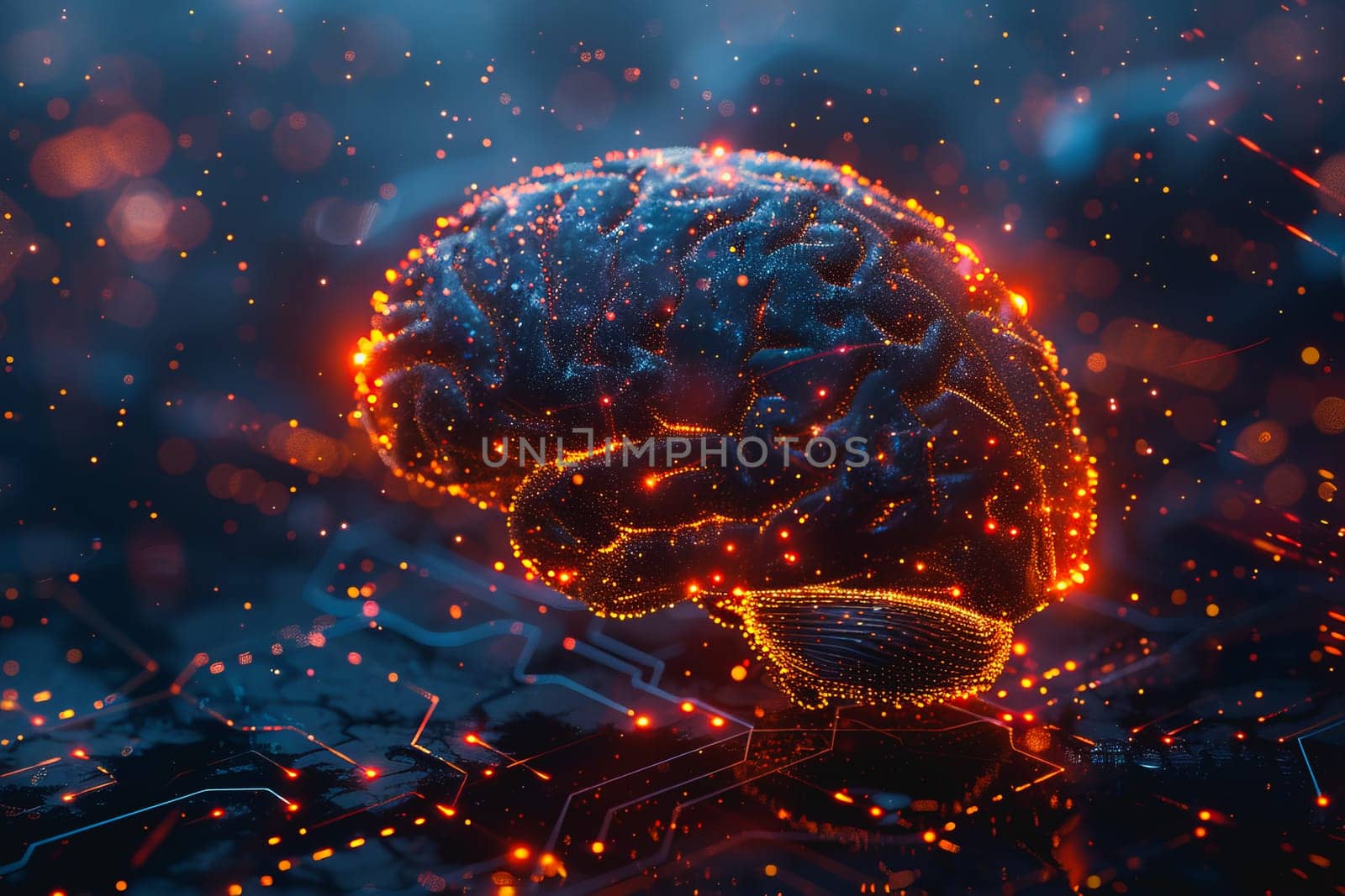 An illustration of a person's brain with AI related concepts integrated into the neural network by Manastrong