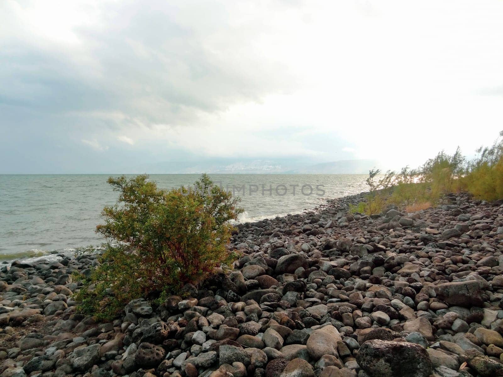 Rocky shore of the sea or lake.The sea of Galilee also called Lake Tiberias or Kinneret, Israel. High quality photo