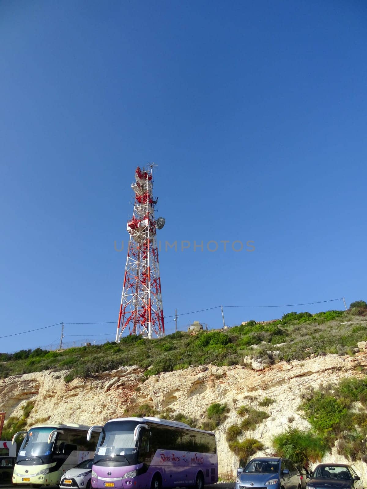 Israeli-Lebanese border. Border post tower. Rosh Hanikre Caves , Western Galilee Israel - September 10, 2023.