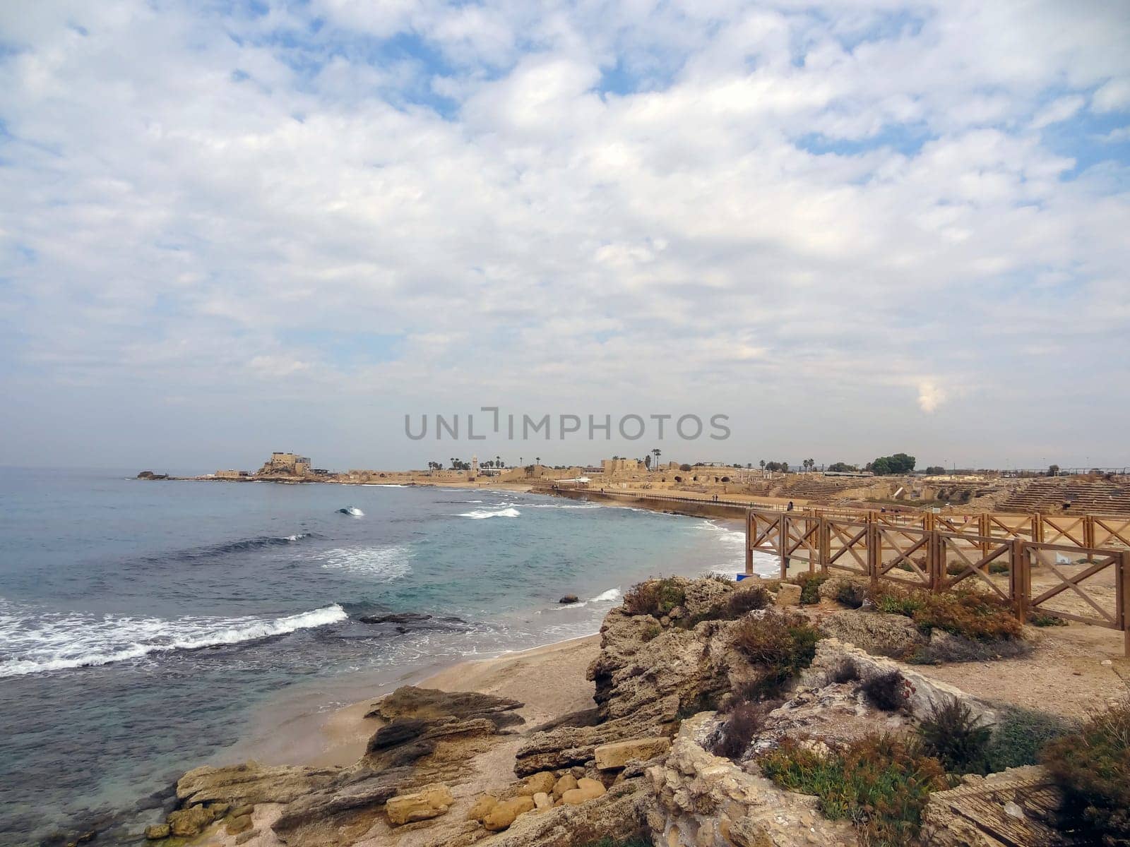 Rocky coast near the ancient Caesarea national park on the Mediterranean coastline, Israel. High quality photo