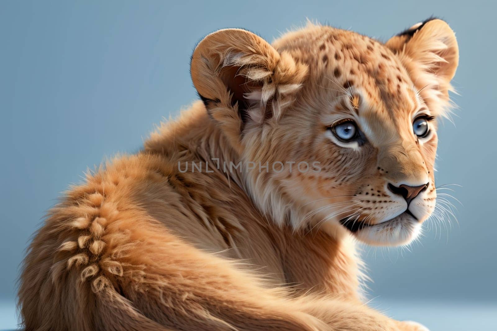 cute tiger cub portrait,isolated on blue background .