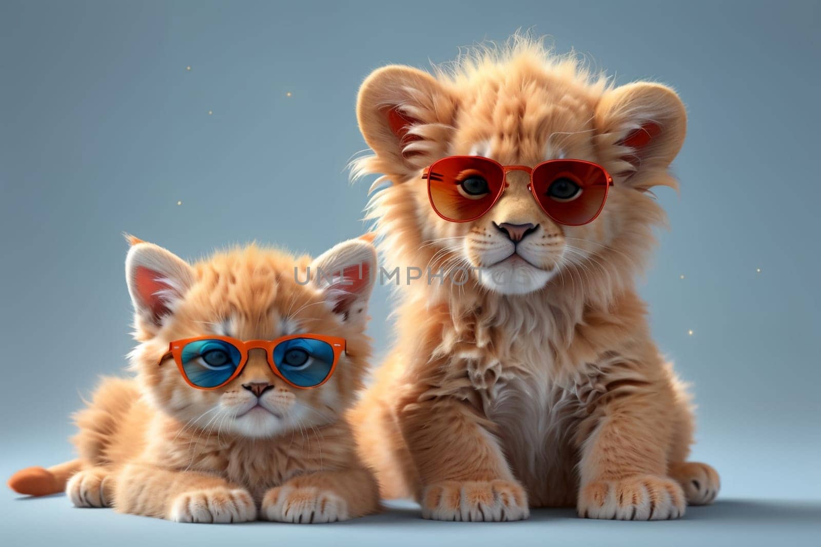 cute red tiger cub and kitten, isolated on a blue background .