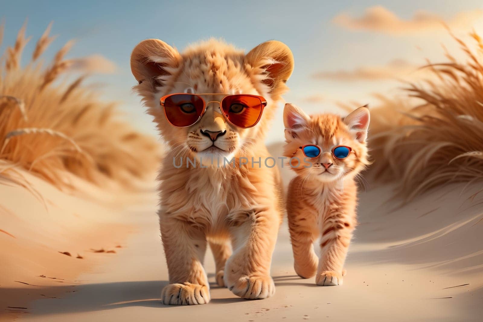 cute red tiger cub and kitten, walking along the road in the desert by Rawlik