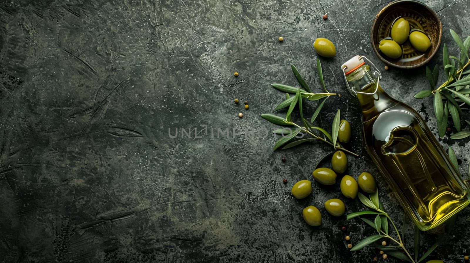 Olive oil bottle ad background with copyspace, vegetable oil commercial produce, food industry and retail by Anneleven