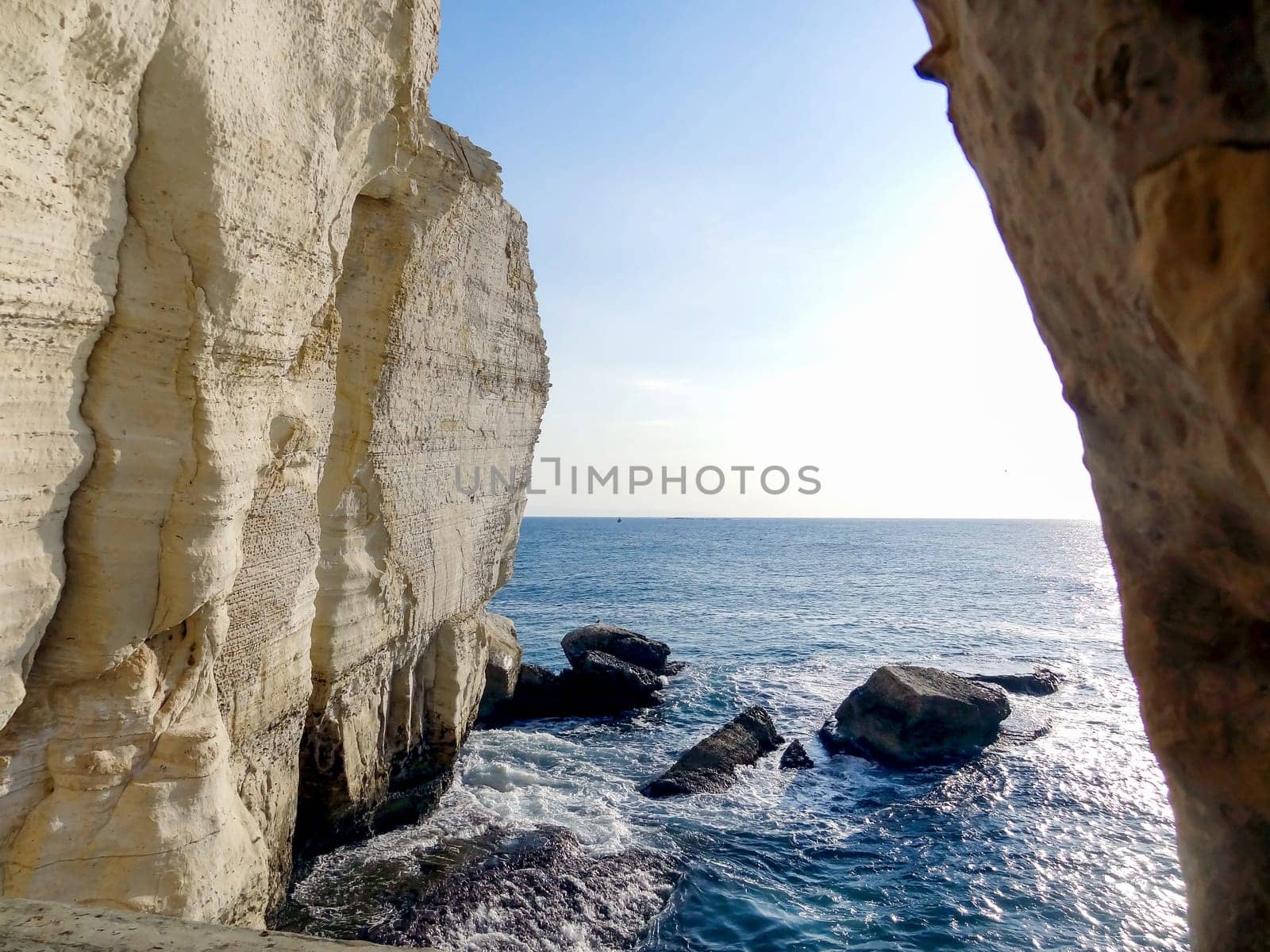 The Limestone rocks and underground grottoes Rosh Hanikre in Israel. High quality photo