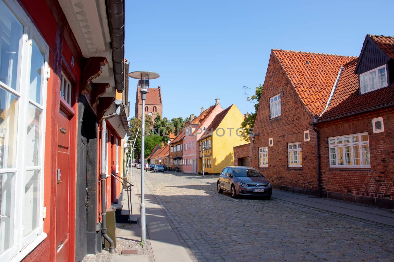 Colorful old historic house in a street of Koge City. Traditional Scandinavian houses.