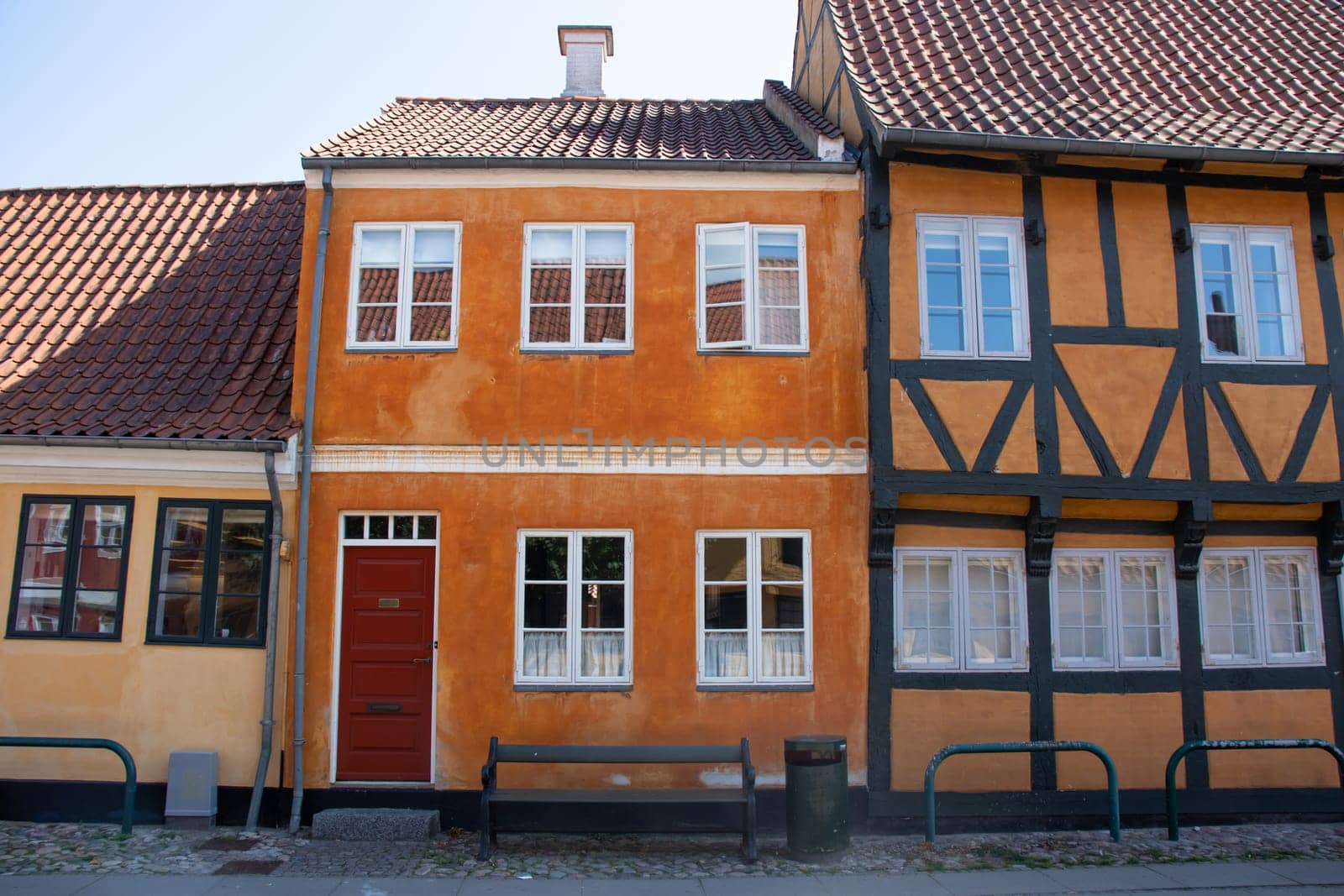 Colorful old historic house in a street of Koge City. Traditional Scandinavian houses.