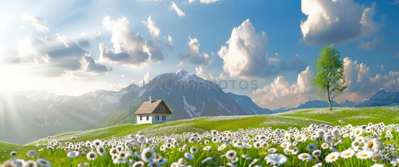 Beautiful view of idyllic mountain scenery with traditional old mountain chalet and fresh green meadows full of blooming daisy flowers in springtime.