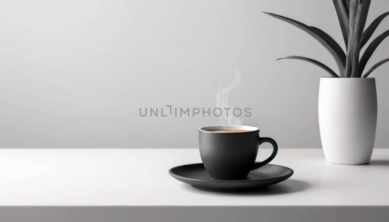 Morning Coffee: Cup filled with steaming coffee rests on a clean white table, casting a subtle shadow. creating a serene morning scene