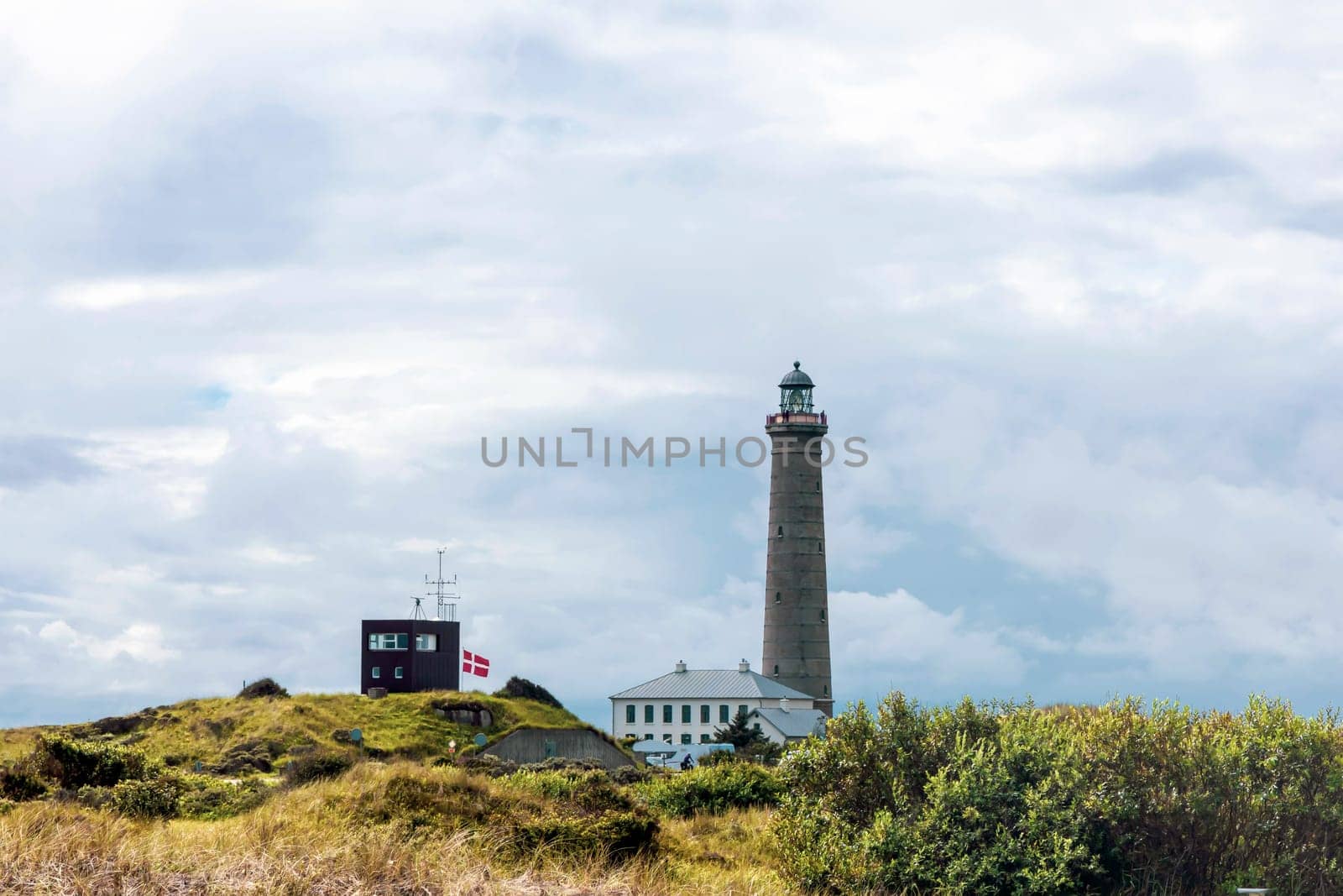 Natural landscape with lighthouse. Sand dunes covered with bushes and grass. Skagen, Denmark