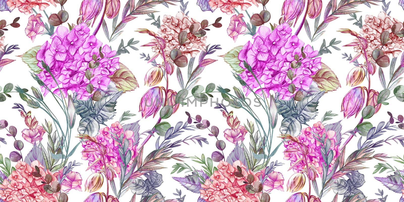 Seamless watercolor pattern drawn in pencil with hydrangeas and summer plants
