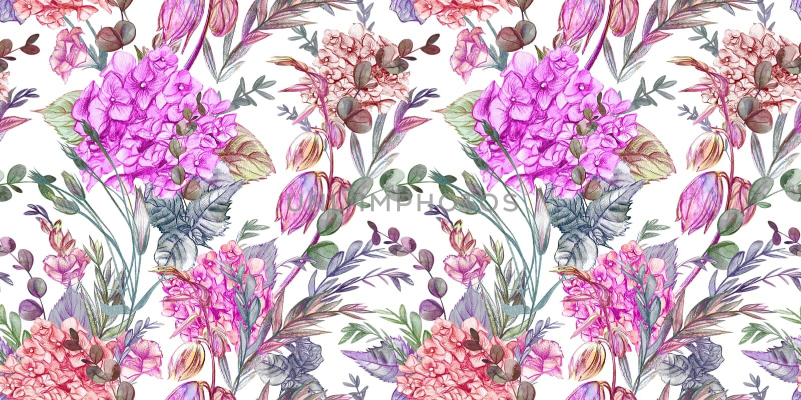 Seamless watercolor pattern drawn in pencil with hydrangeas and summer plants