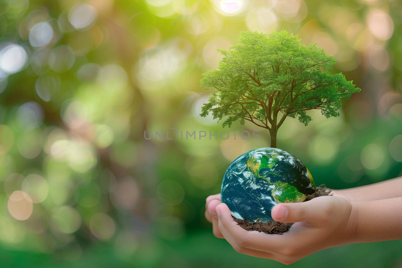 A childs hand tenderly holds a small globe with a miniature tree planted inside, emphasizing the importance of nature conservation on World Environment Day.