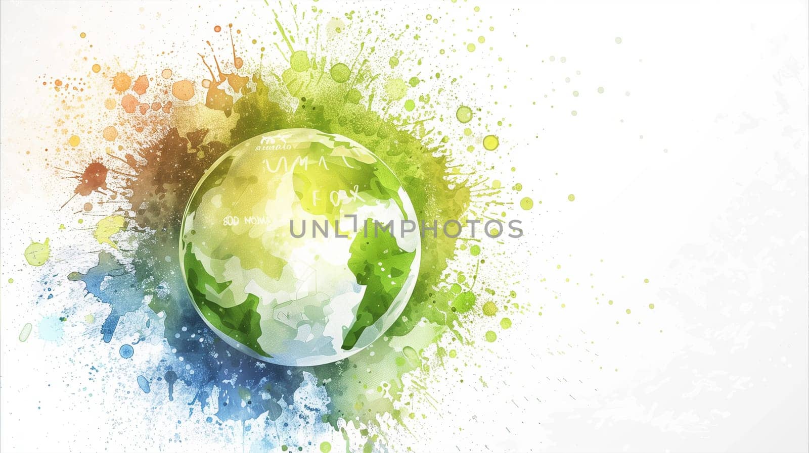 The Earth is depicted in vibrant colors with paint splatters, set against a white background.