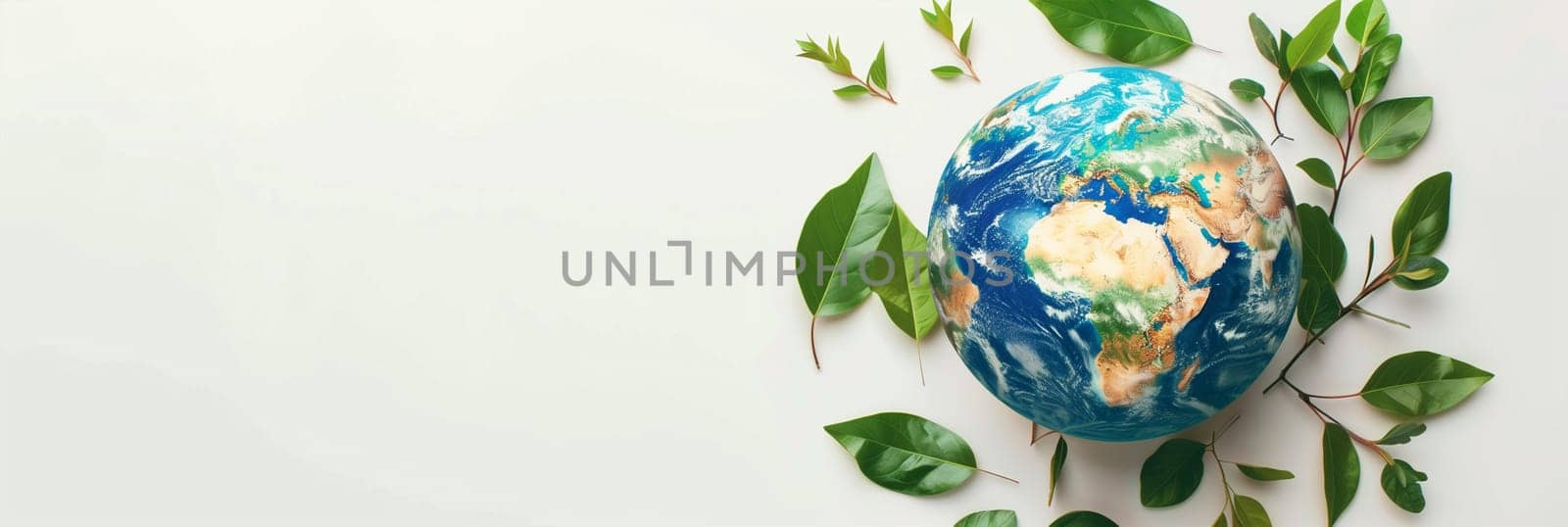 The Earth depicted as being encircled by lush green leaves against a white background, symbolizing the importance of nature and the environment on World Environment Day.