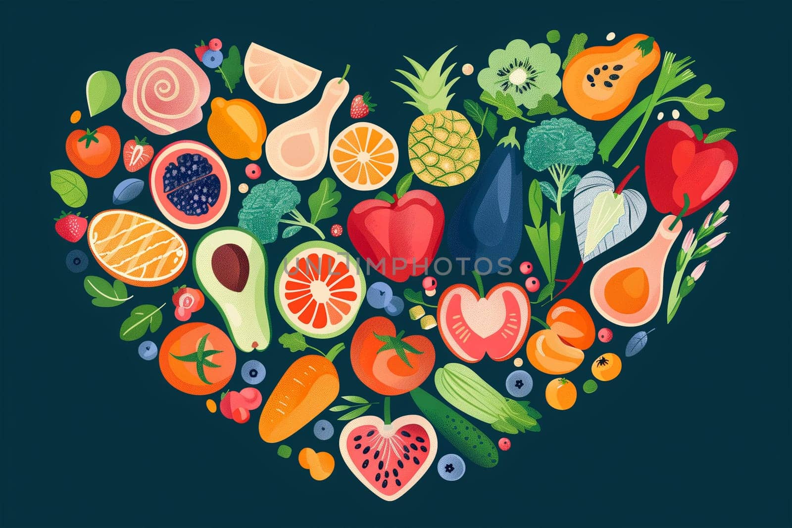 A heart-shaped arrangement of various fruits and vegetables, showcasing a colorful and healthy display.