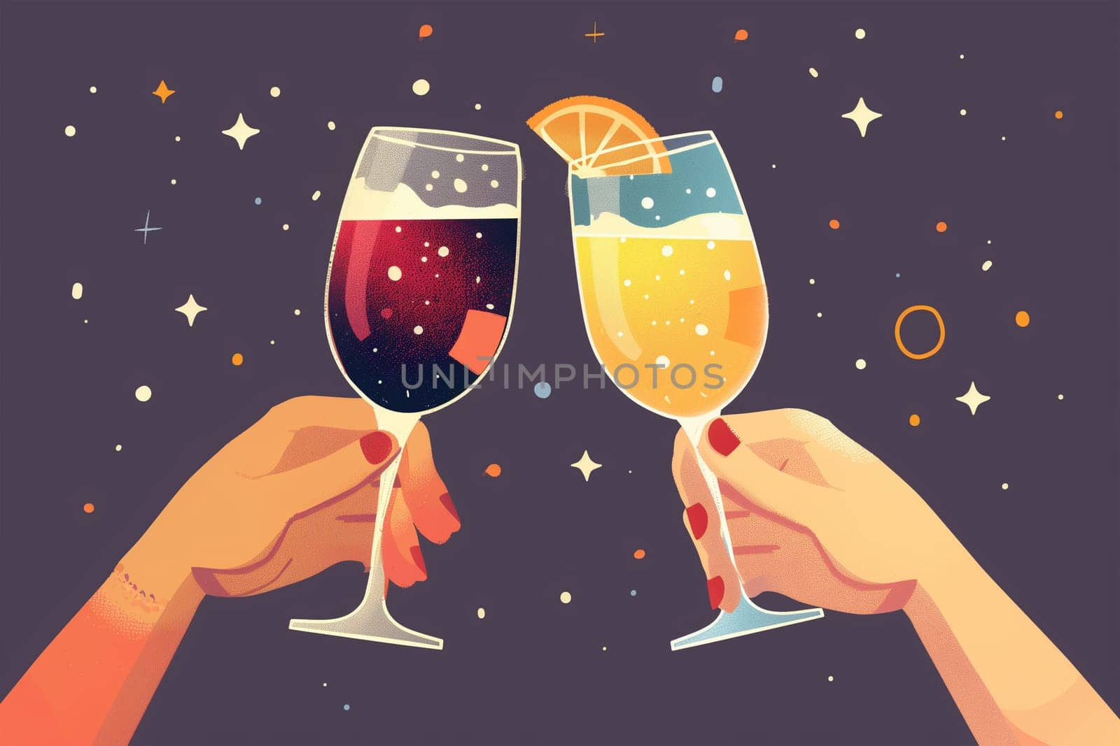 Two hands holding wine glasses and toasting each other on a dark background.