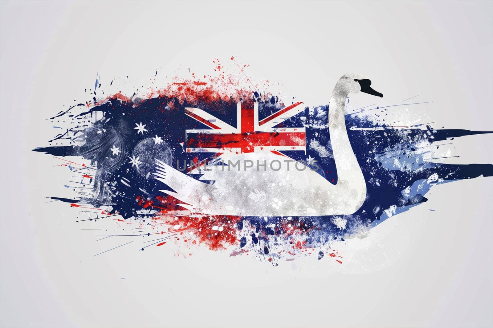 A swan proudly displaying the Australian flag painted on its feathers.
