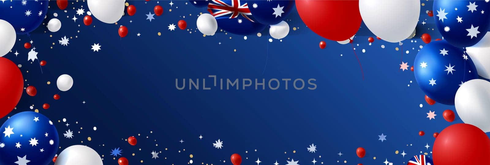 Australian flag-themed balloons floating against a vibrant blue background to celebrate Western Australia Day.