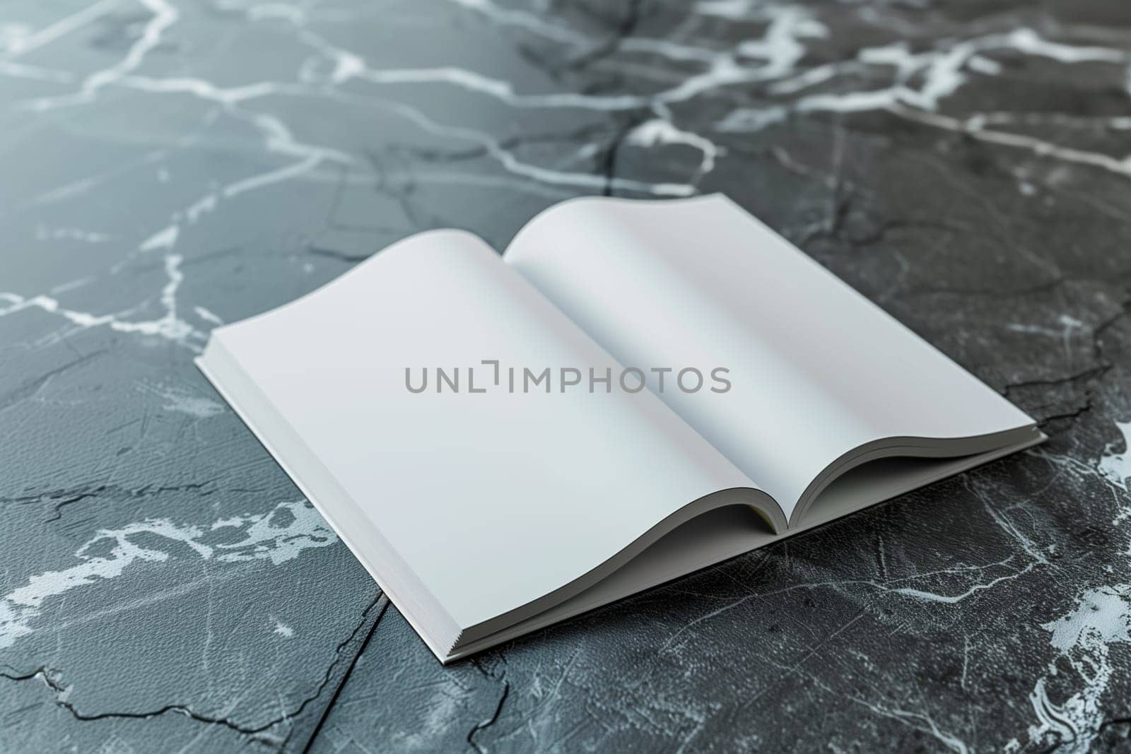 An open book rests on a sleek marble table. Mockup