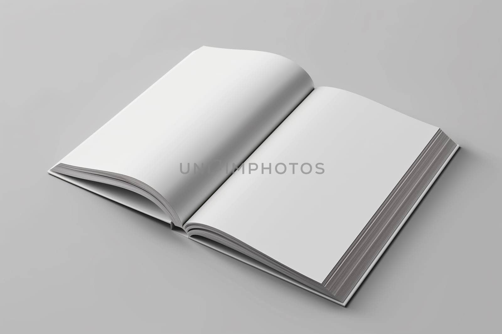 An open book resting on a plain gray background, showcasing its pages and cover. Mockup