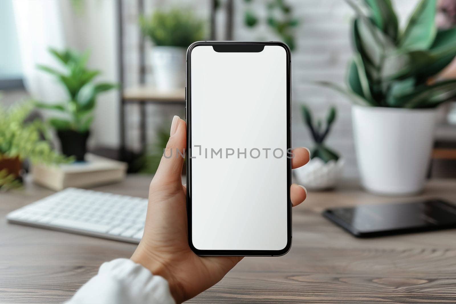 Female hand holding an phone with a blank screen, showcasing a mockup for app design or product display.