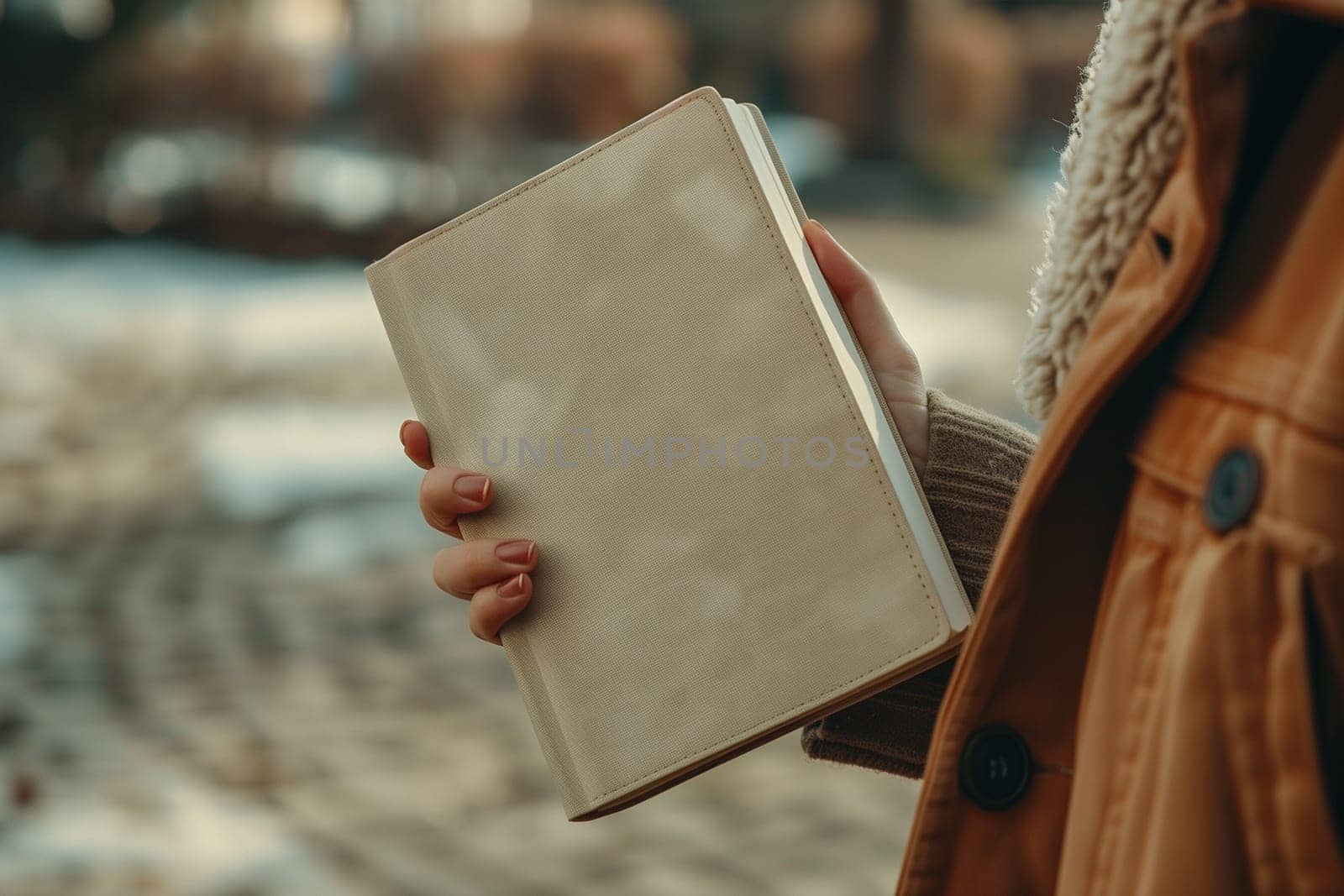 A woman standing in the snow, holding a book in her hands. Mockup