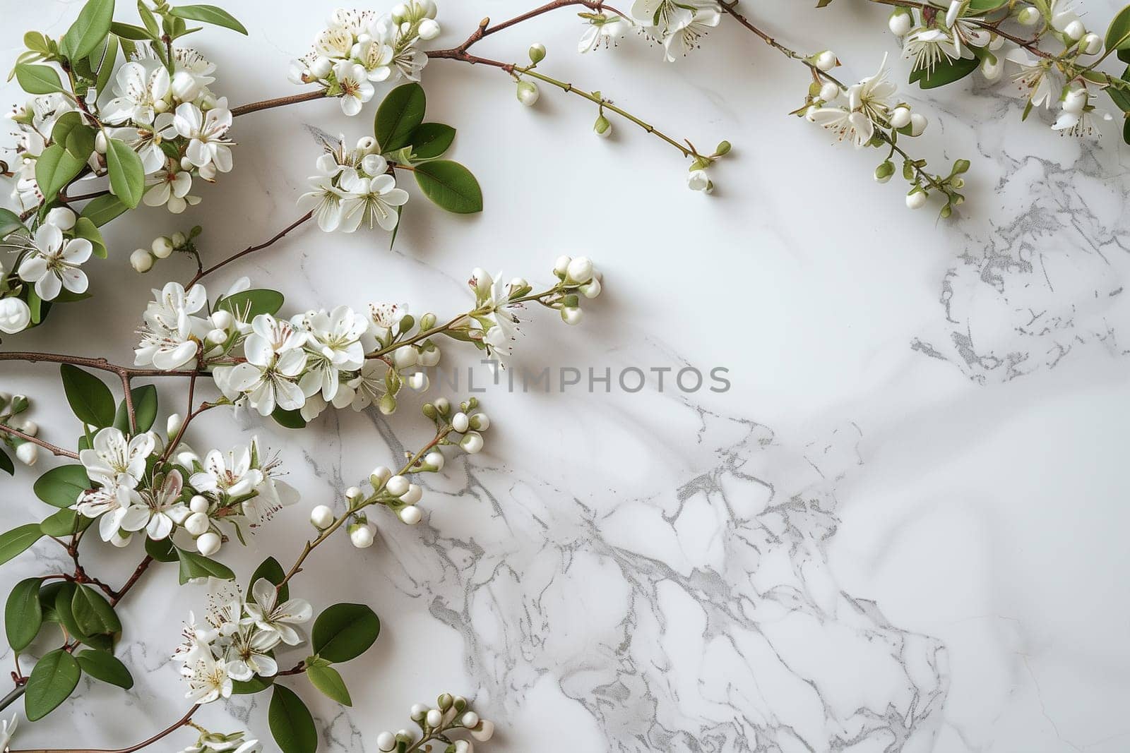 Several white flowers are arranged elegantly on a smooth marble surface, creating a visually striking contrast between the delicate blooms and the luxurious backdrop.