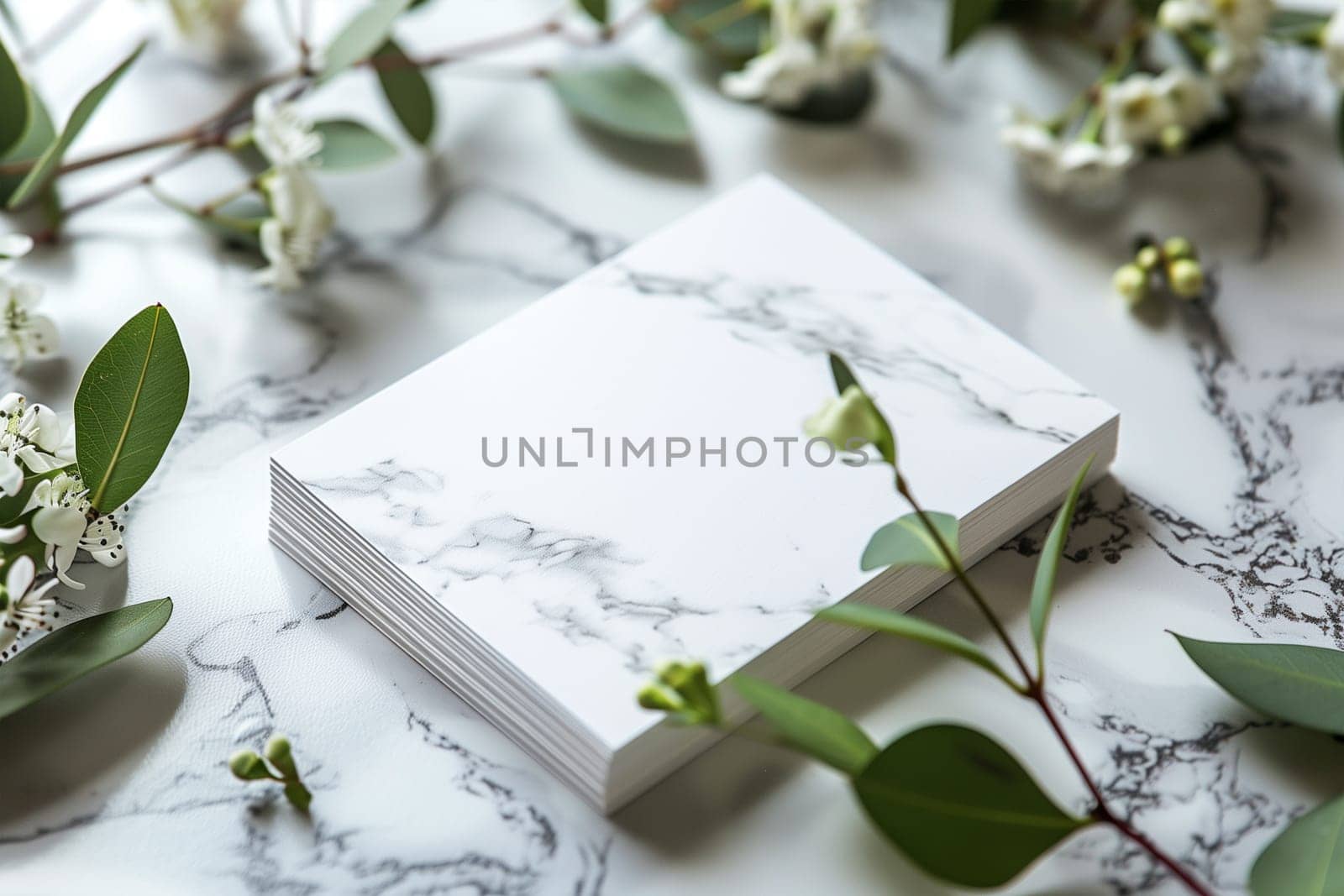 A white card embellished with delicate flowers placed on a smooth marble table. Mockup