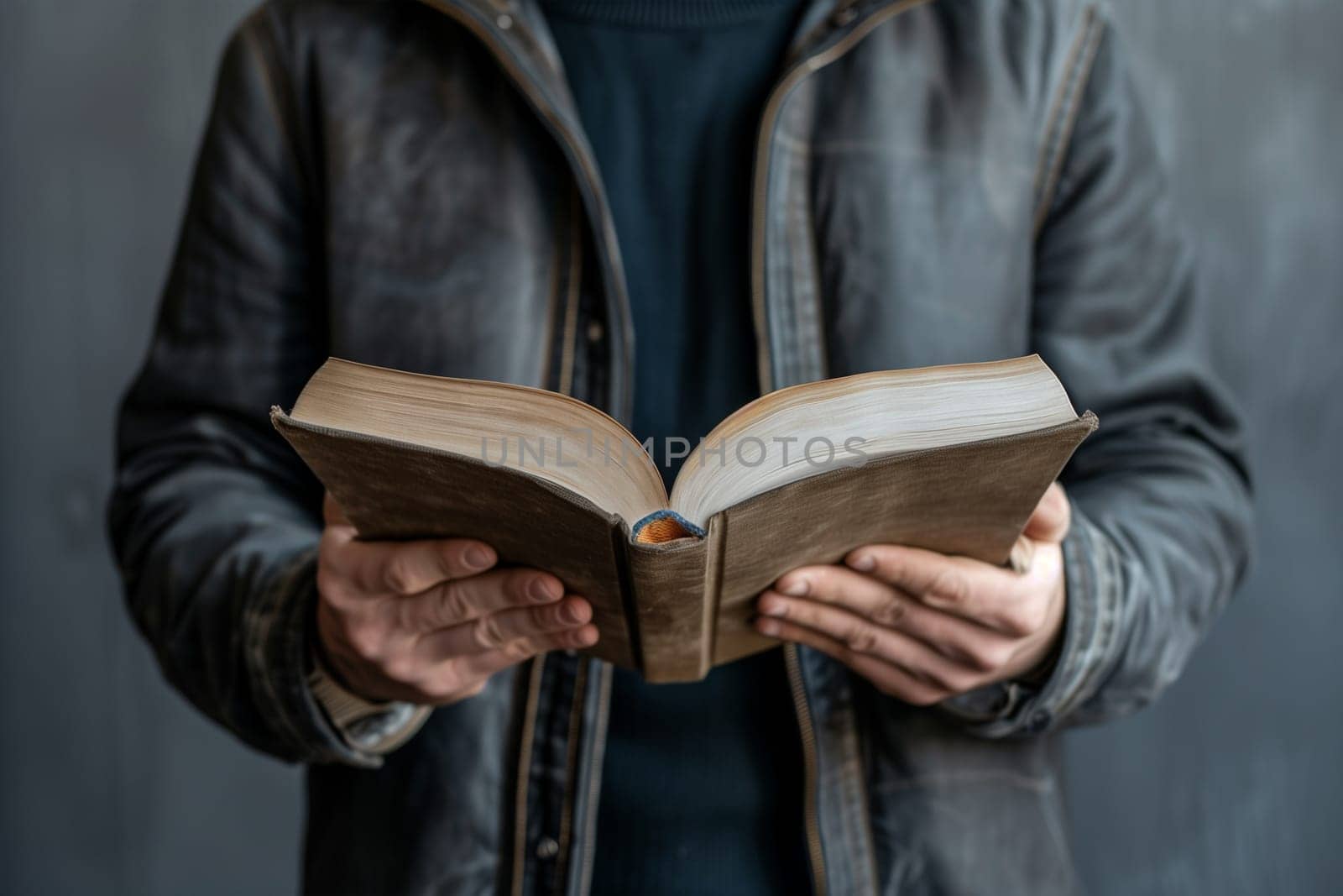 A man holding an open book in hands, flipping through pages. Mockup