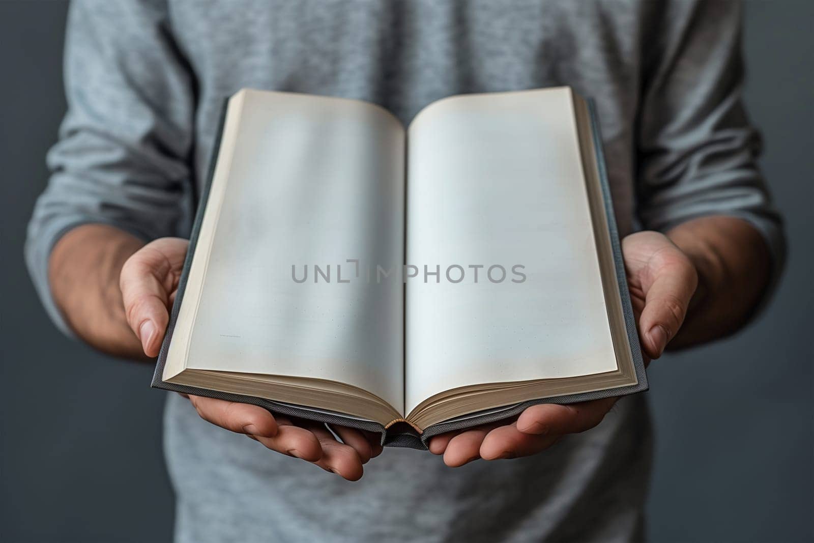 A man stands holding an open book in his hands, reading or studying intently. Mockup
