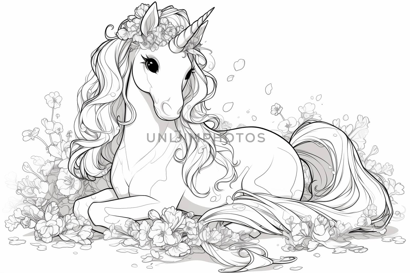 A black and white drawing of a unicorn peacefully laying down in lush green grass.