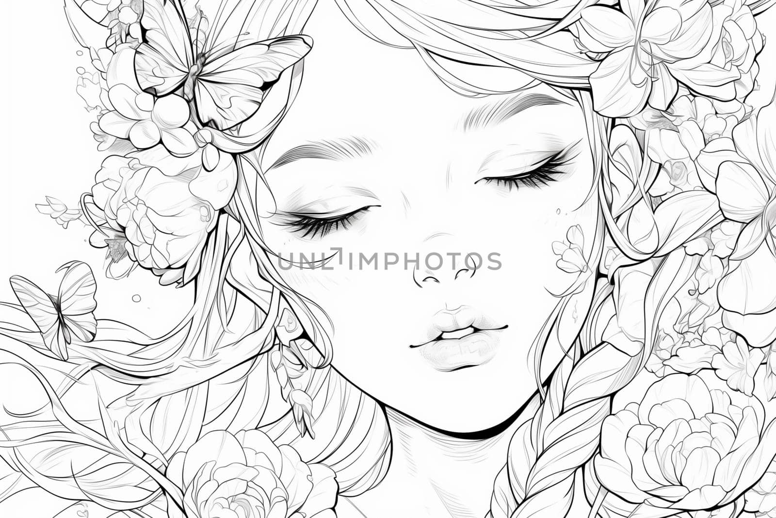 A black and white drawing of a girl with long hair adorned with delicate flowers, creating a whimsical and charming look.