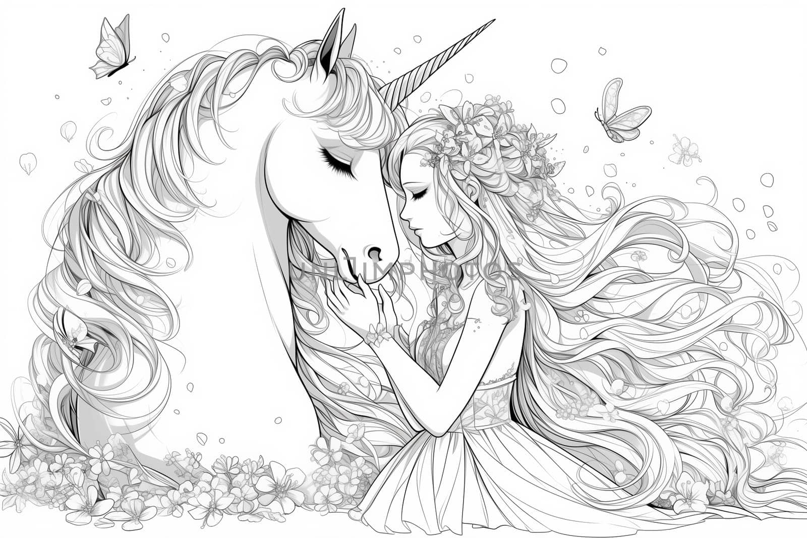 A black and white drawing of a young girl embracing a majestic unicorn in a tender moment.