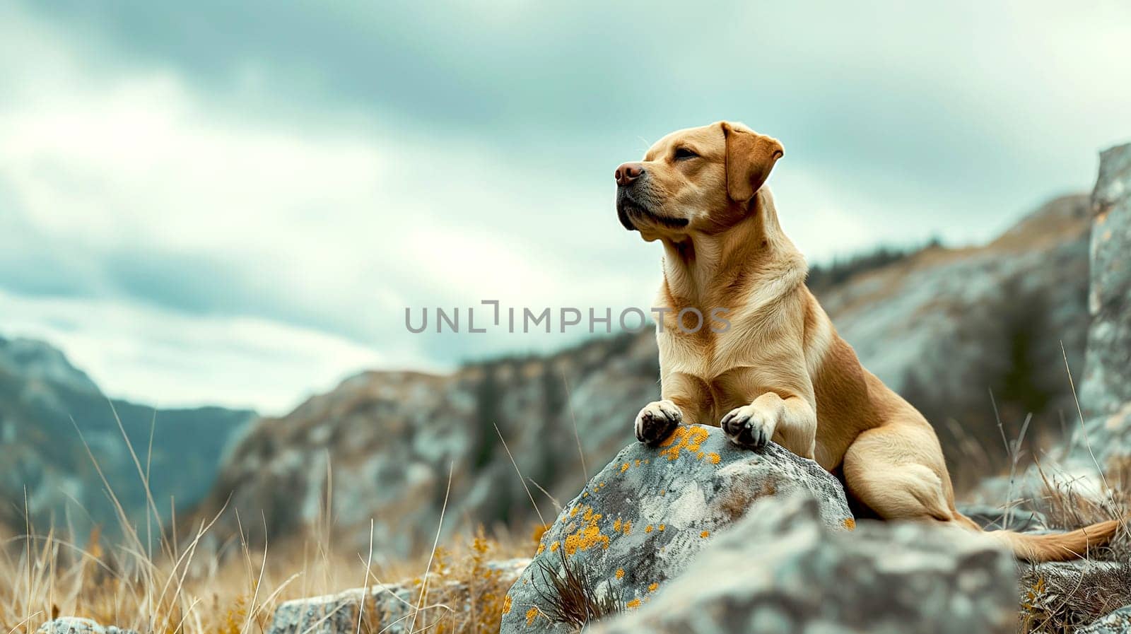 Majestic Labrador Retriever Sitting Atop a Mountain Rock by chrisroll