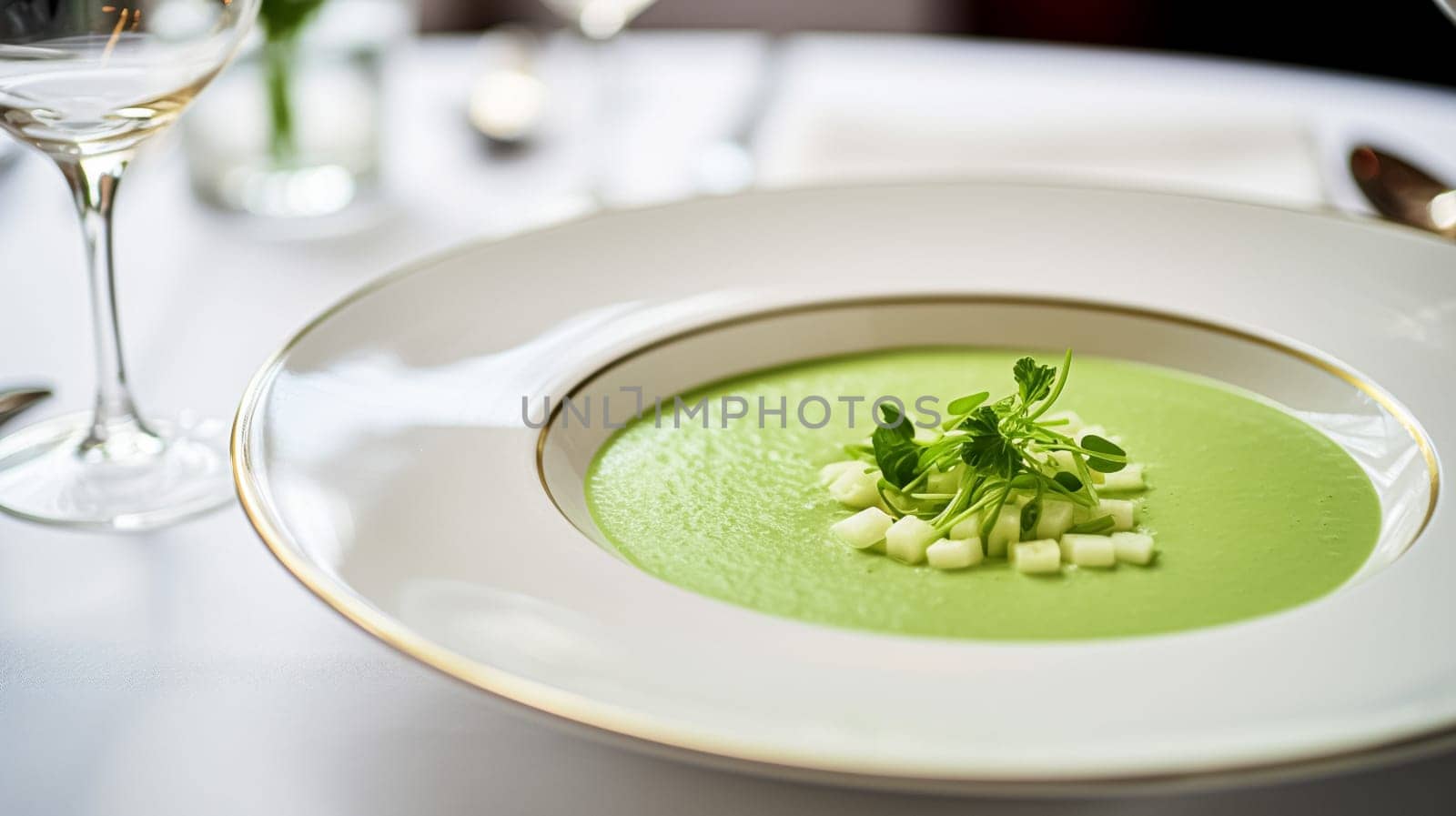 Pea cream soup in a restaurant, English countryside exquisite cuisine menu, culinary art food and fine dining by Anneleven