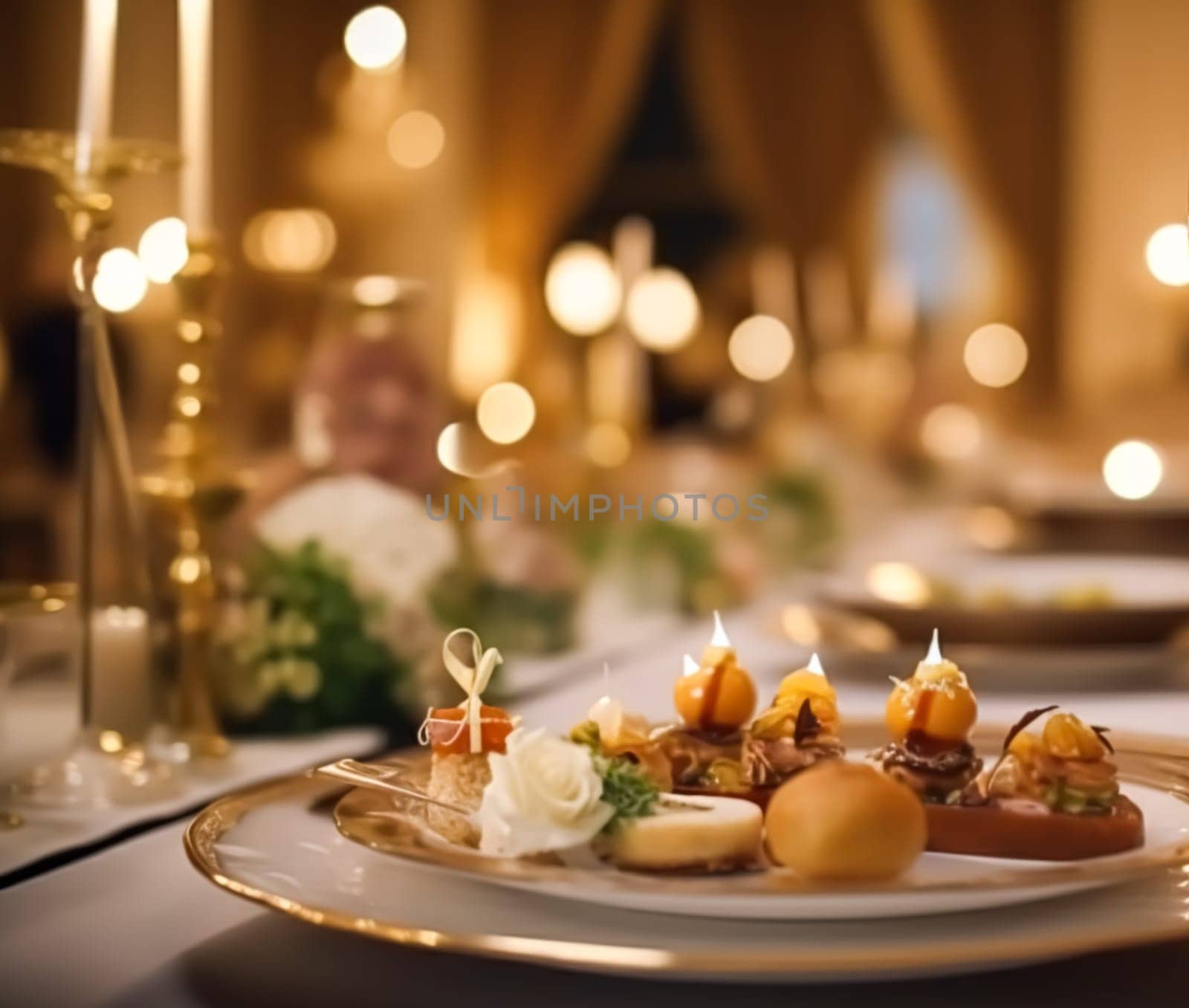 Luxury food service, appetisers and desserts served at a restaurant or formal dinner event in classic English style in the luxurious hotel or country estate, post-processed, generative ai