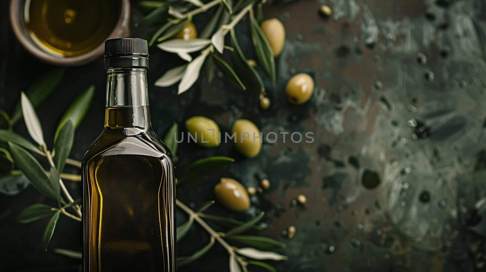 Olive oil bottle ad background with copyspace, vegetable oil commercial produce, food industry and retail concept