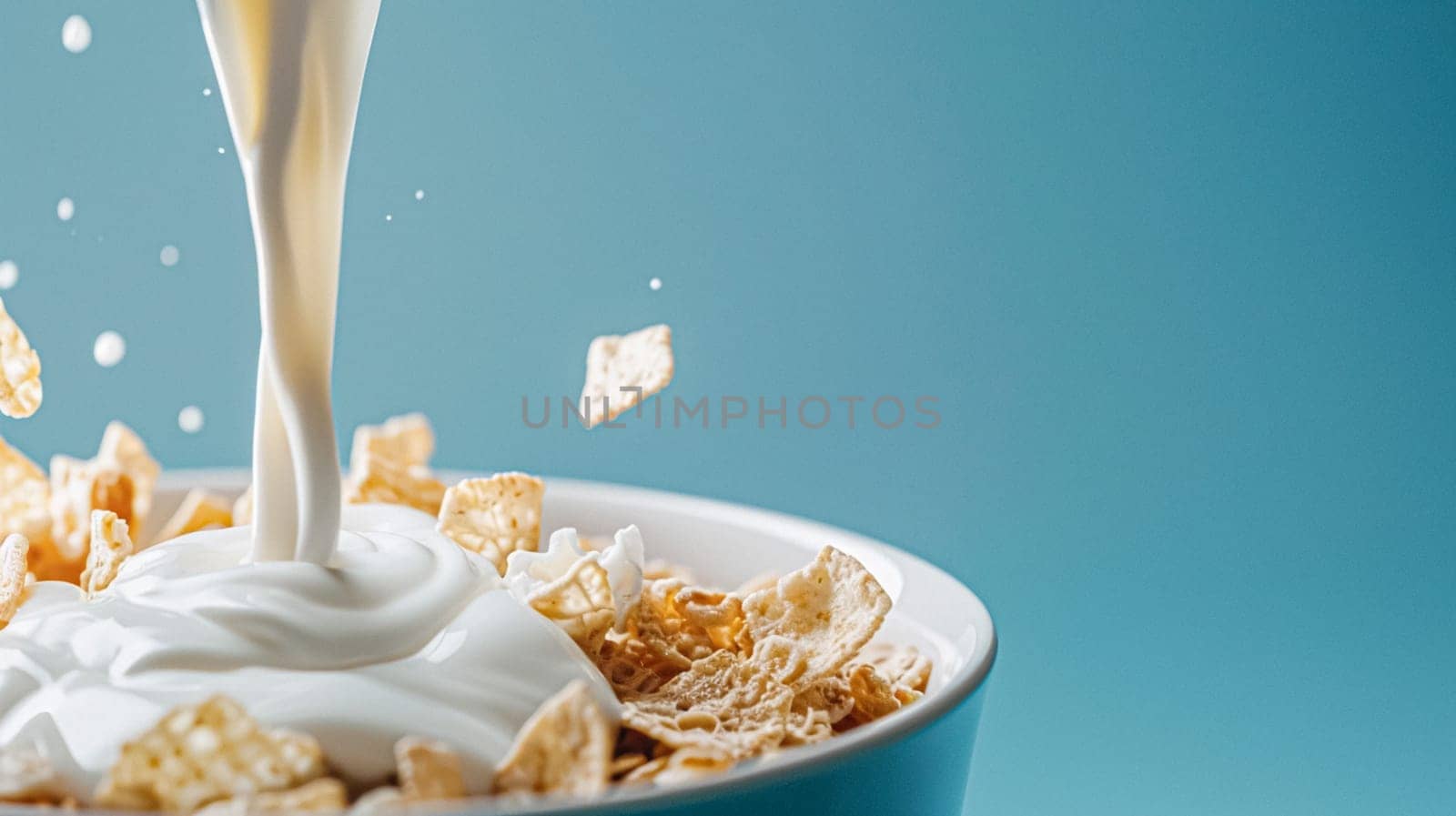 Pouring fresh milk into bowl of cereal on blue background on a sunny morning for breakfast by Anneleven
