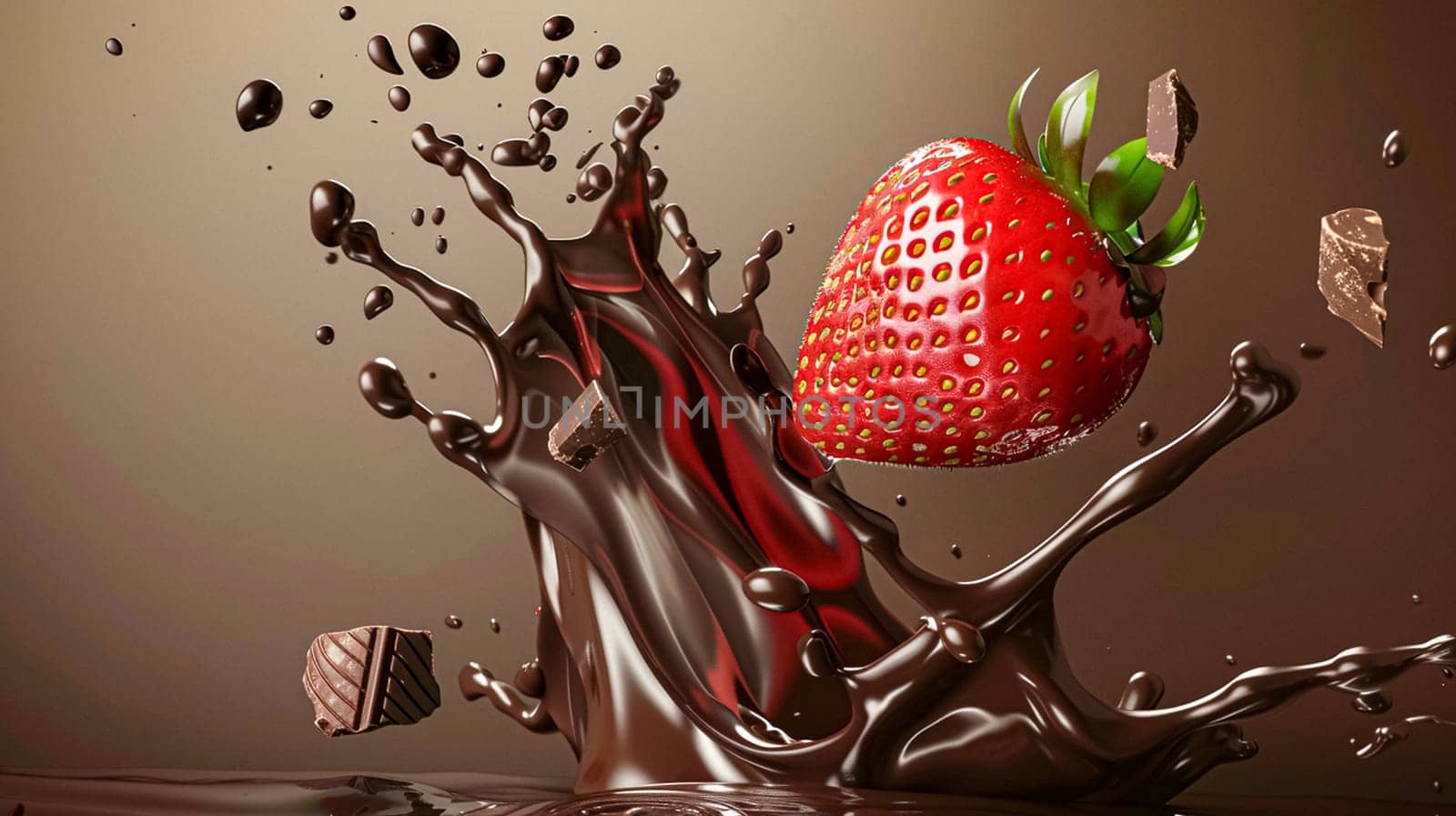 Strawberry falling into melted liquid chocolate, food dessert and confectionery industry by Anneleven