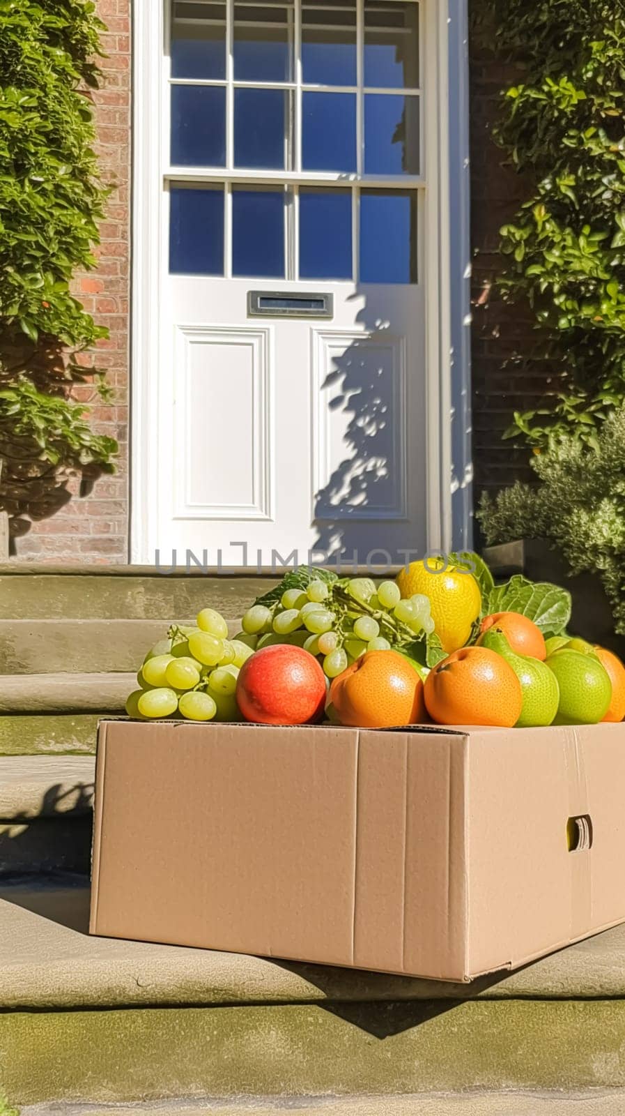 Food delivery, postal service and online grocery shopping, fruit box with fresh organic fruits from a local farm on a house doorstep in the countryside, generative ai by Anneleven