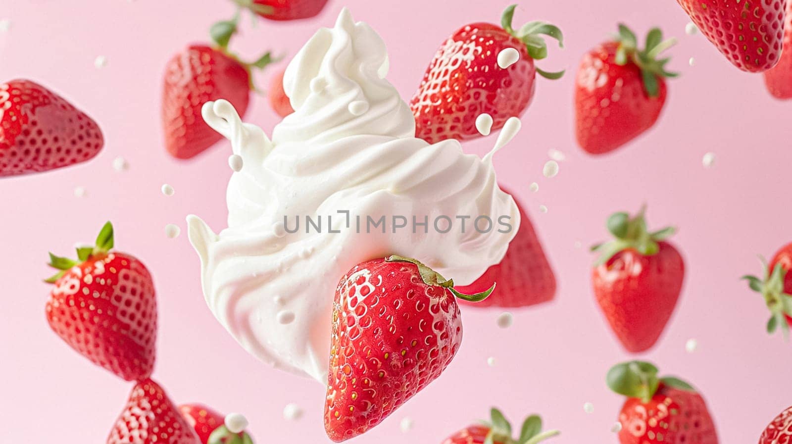 Strawberries falling into cream, milk or yoghurt on pink background, strawberry dessert