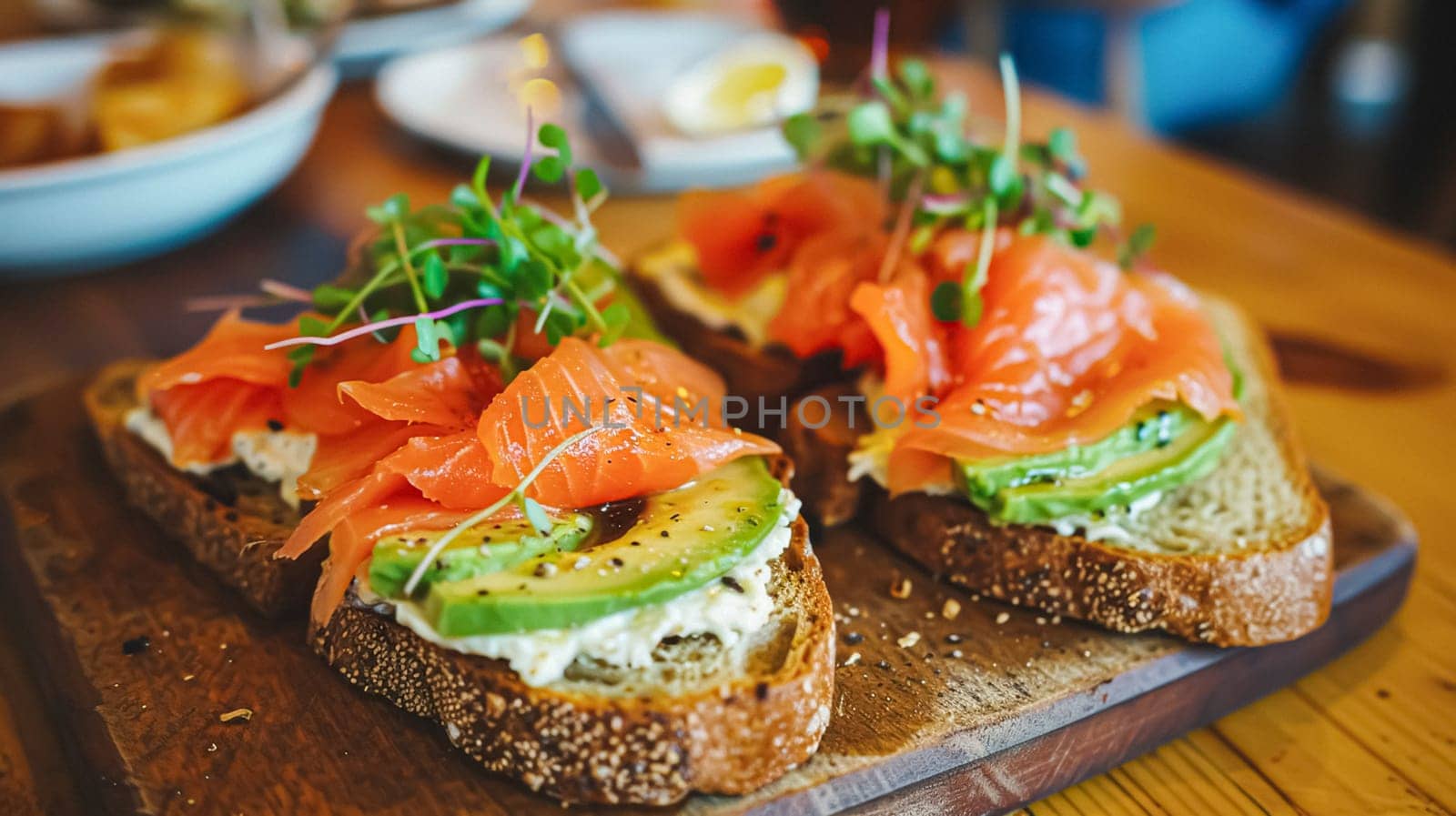 Avocado toast with smoked salmon for breakfast, homemade cuisine and traditional food, country life by Anneleven