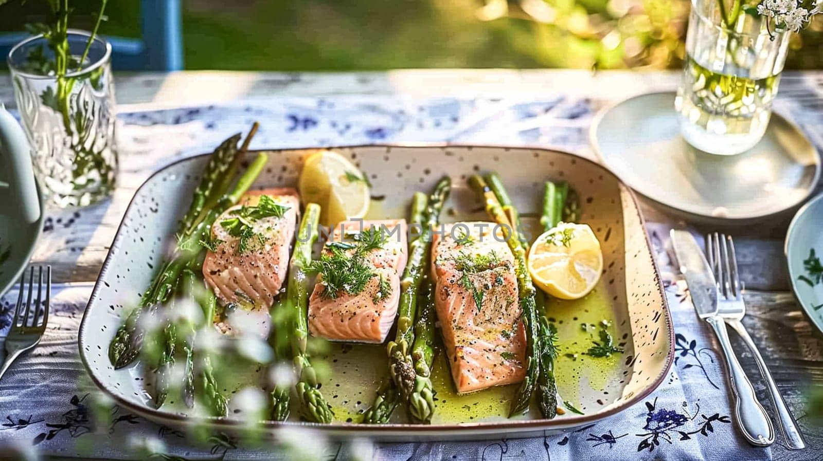 Salmon with asparagus, lemon and spice seasoning in the English countryside garden, homemade recipe by Anneleven