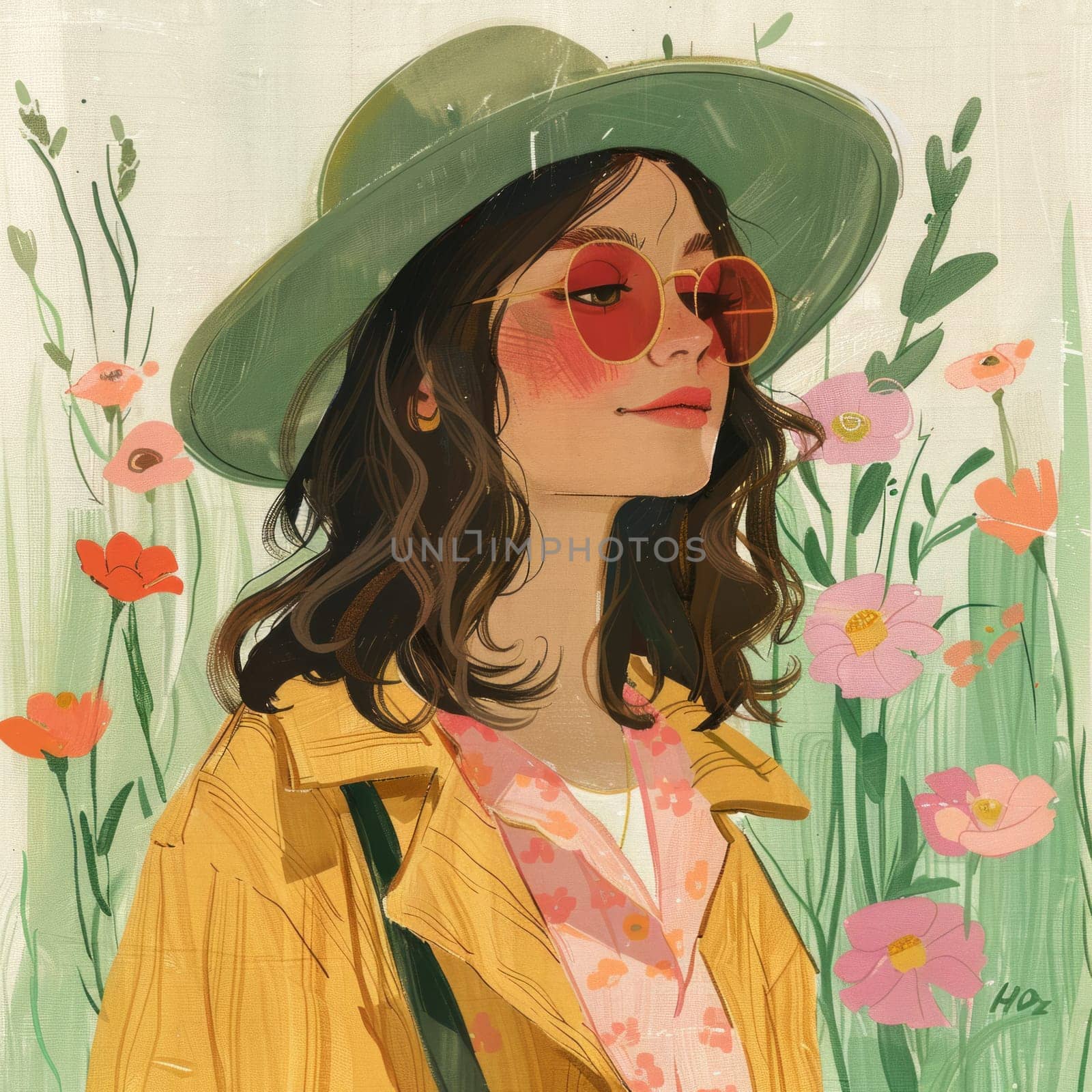 Beautiful Watercolor Illustration of Cute Girl in a hat among meadow flowers. Summer Vibes Aesthetic Clip-art. Ai generated