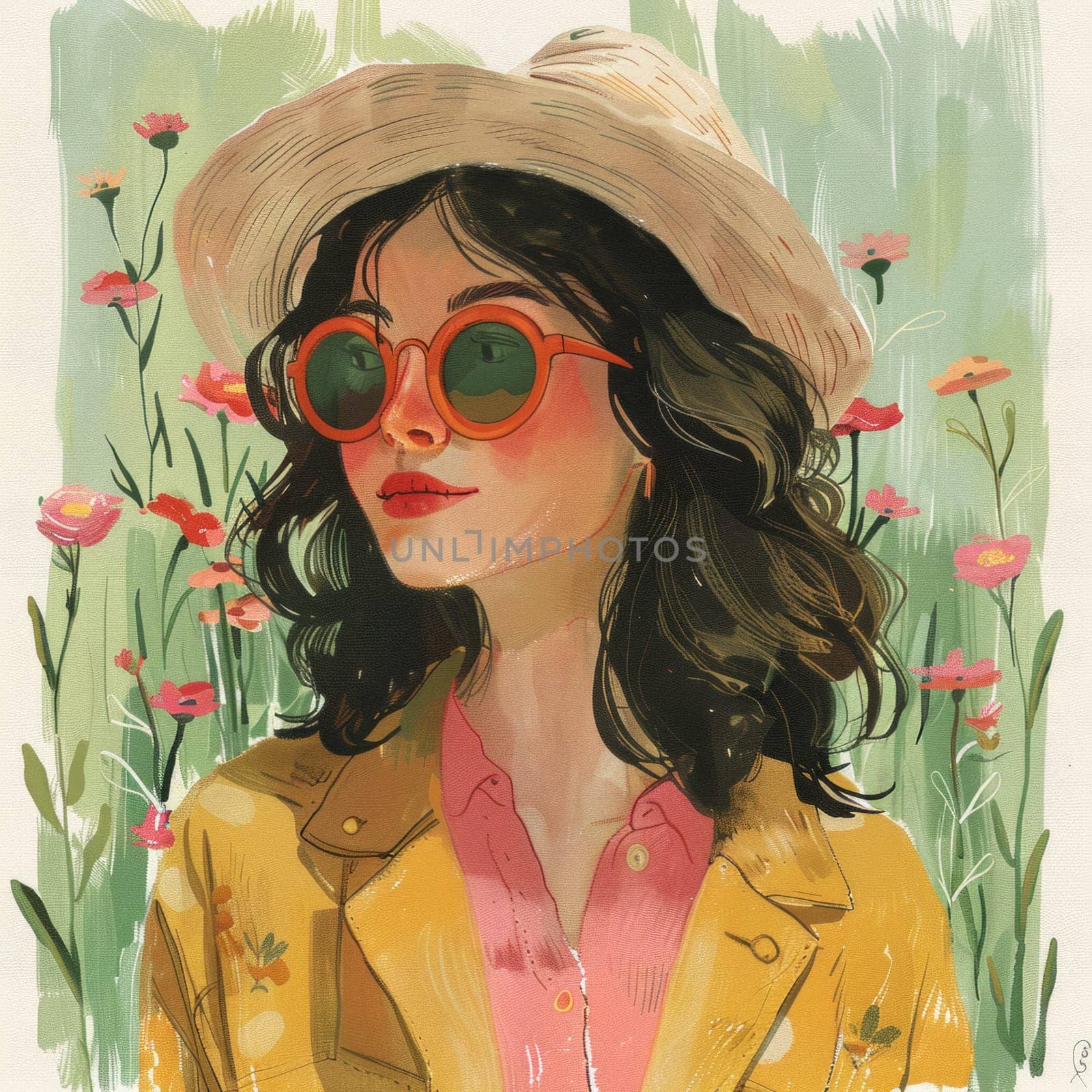 Beautiful Watercolor Illustration of Cute Girl in a hat among meadow flowers. Summer Vibes Aesthetic Clip-art. Ai generated
