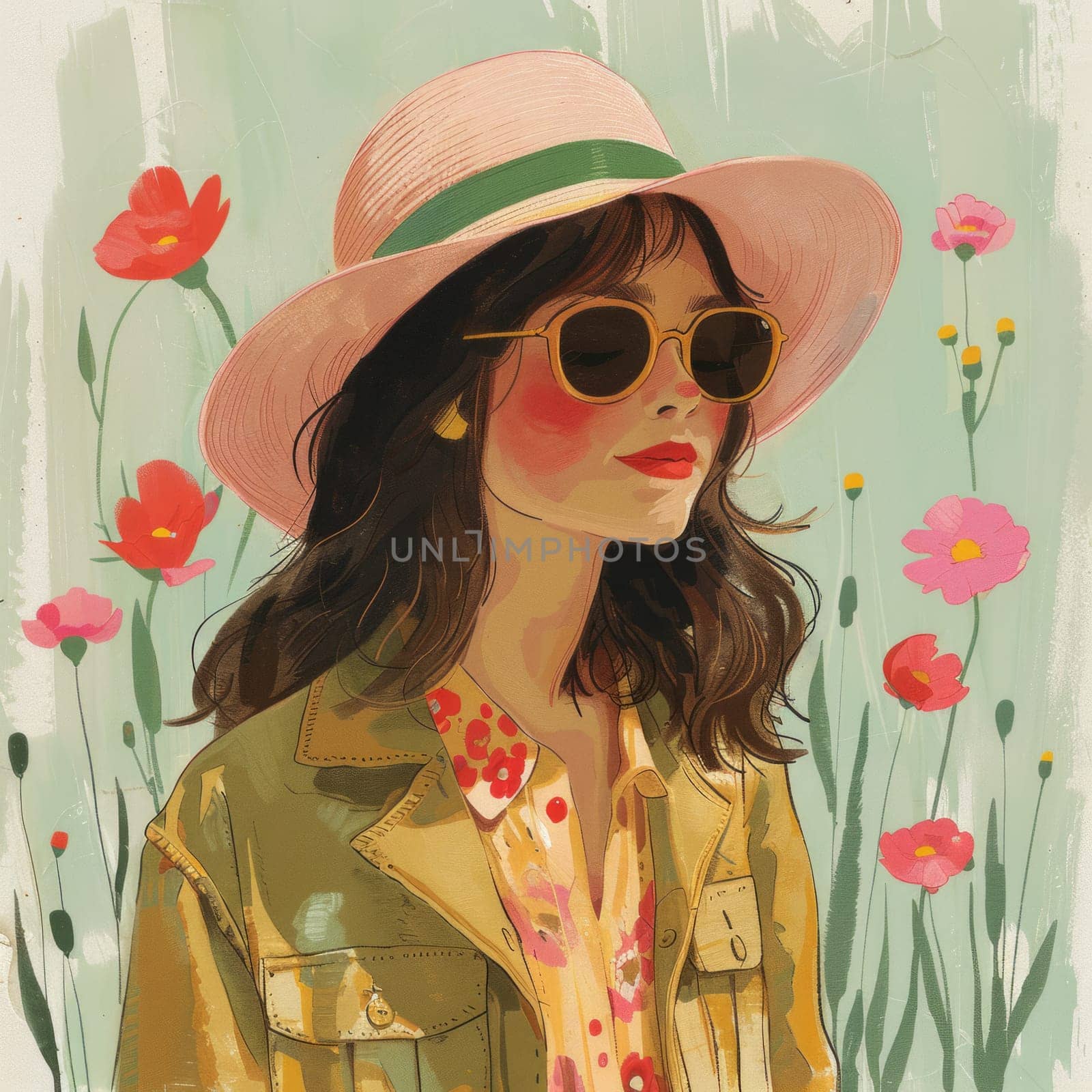 Beautiful Watercolor Illustration of Cute Girl in a hat among meadow flowers. Summer Vibes Aesthetic Clip-art. Ai generated