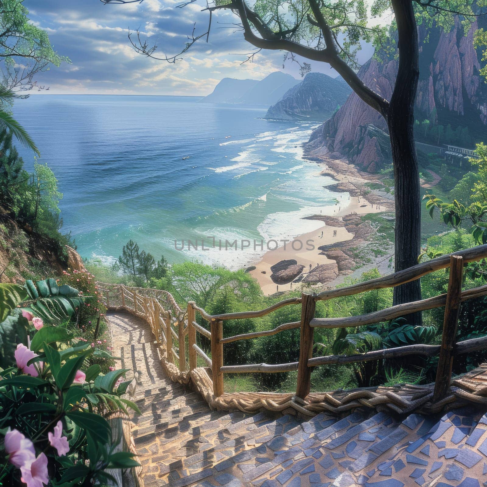 Beautiful Tropic Paradise background. Summer Travelling Relax Illustration. Ai generated