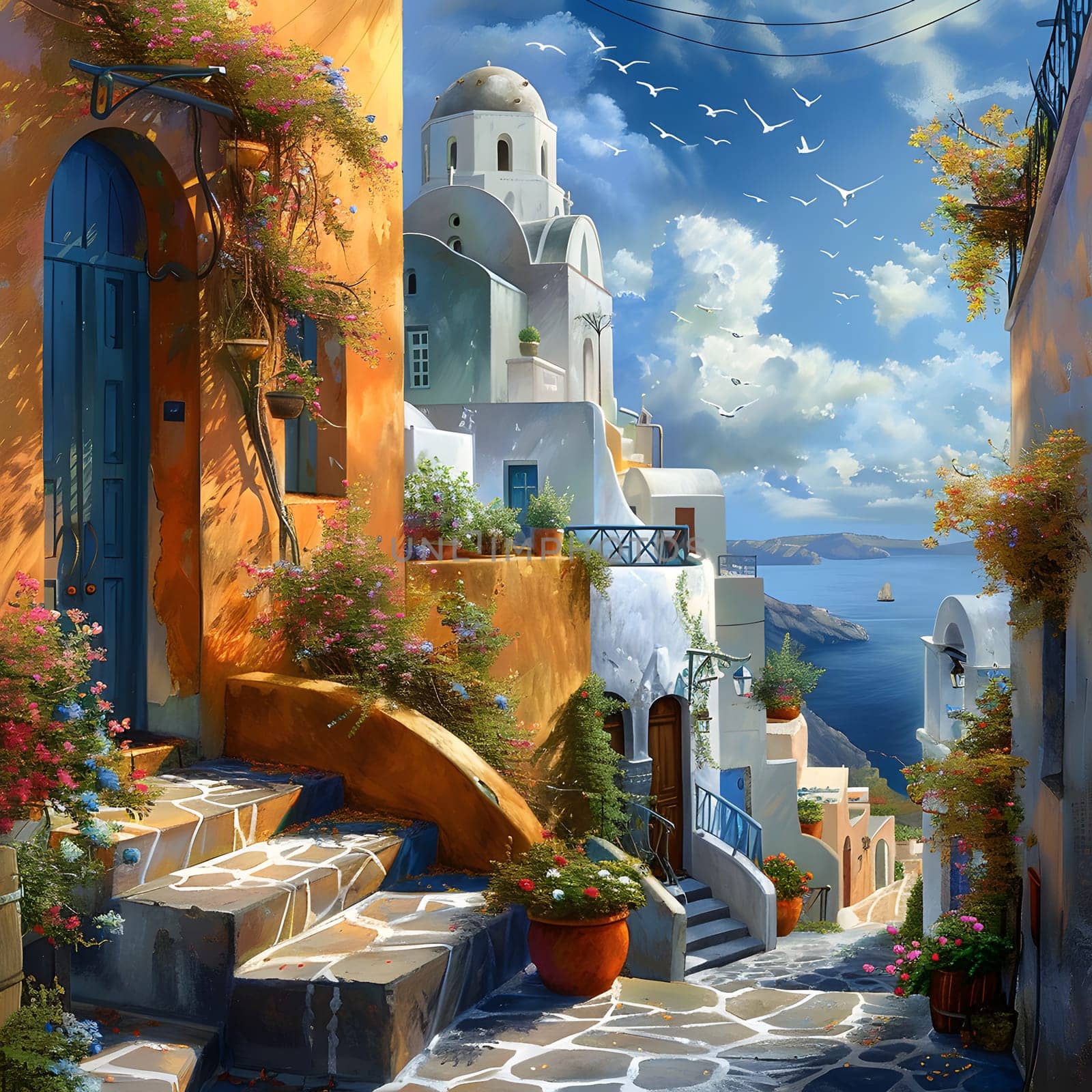 A painting featuring a narrow street with stairs leading up to a building. The cloudy sky and surrounding nature add to the beauty of the world portrayed in the art